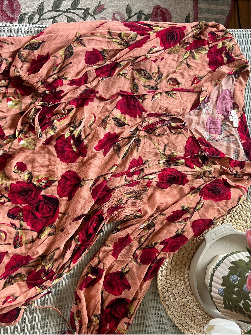 Umgee Peach Dress with Red Rose Print